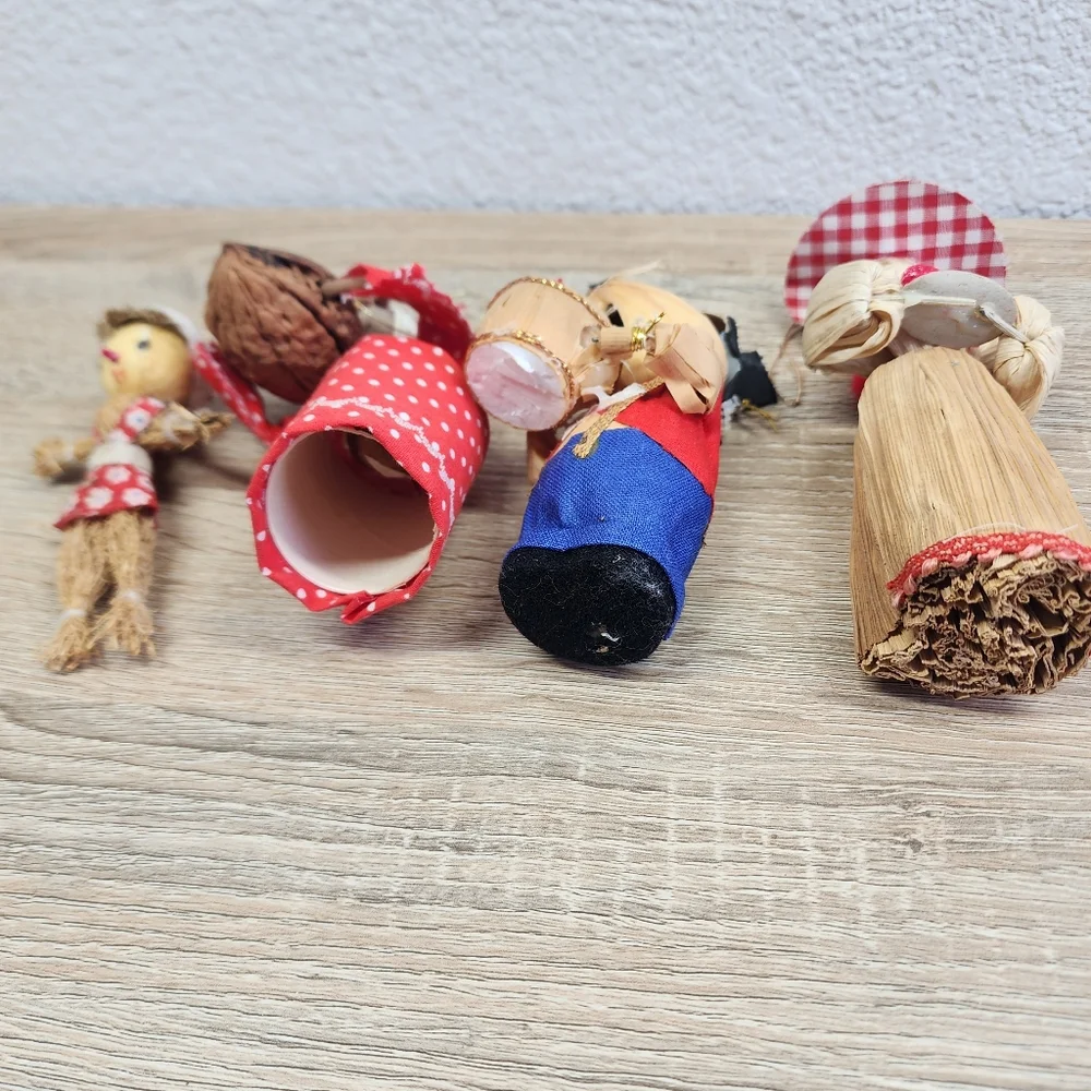 MCM VINTAGE Straw Mouse Scarecrow Corn Husk Lady Christmas Ornament Lot